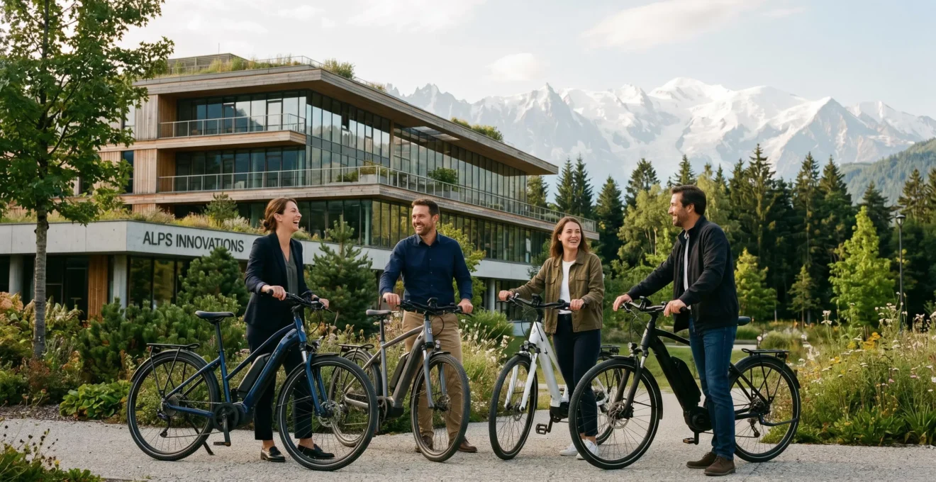 Groupe de collaborateurs d'entreprise enfourchaant des vélos électriques sur un site périurbain en Auvergne-Rhône-Alpes