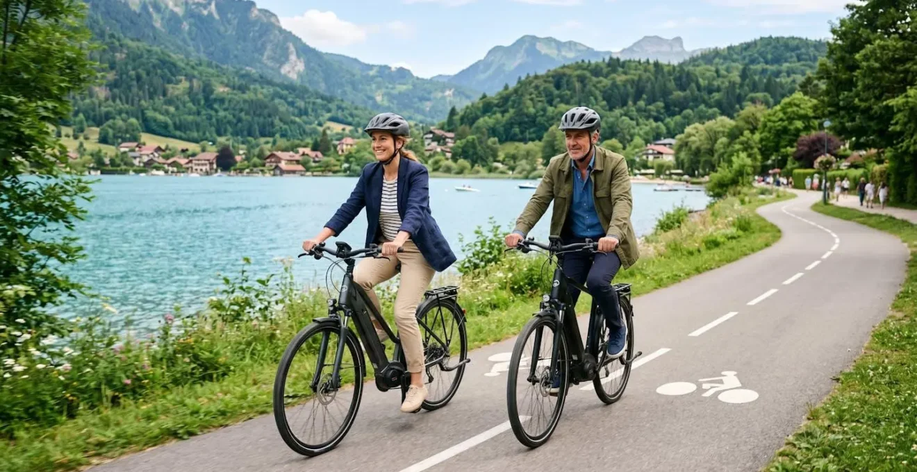 Deux salariés testant des vélos électriques sur une piste cyclable longeant un lac de montagne en France